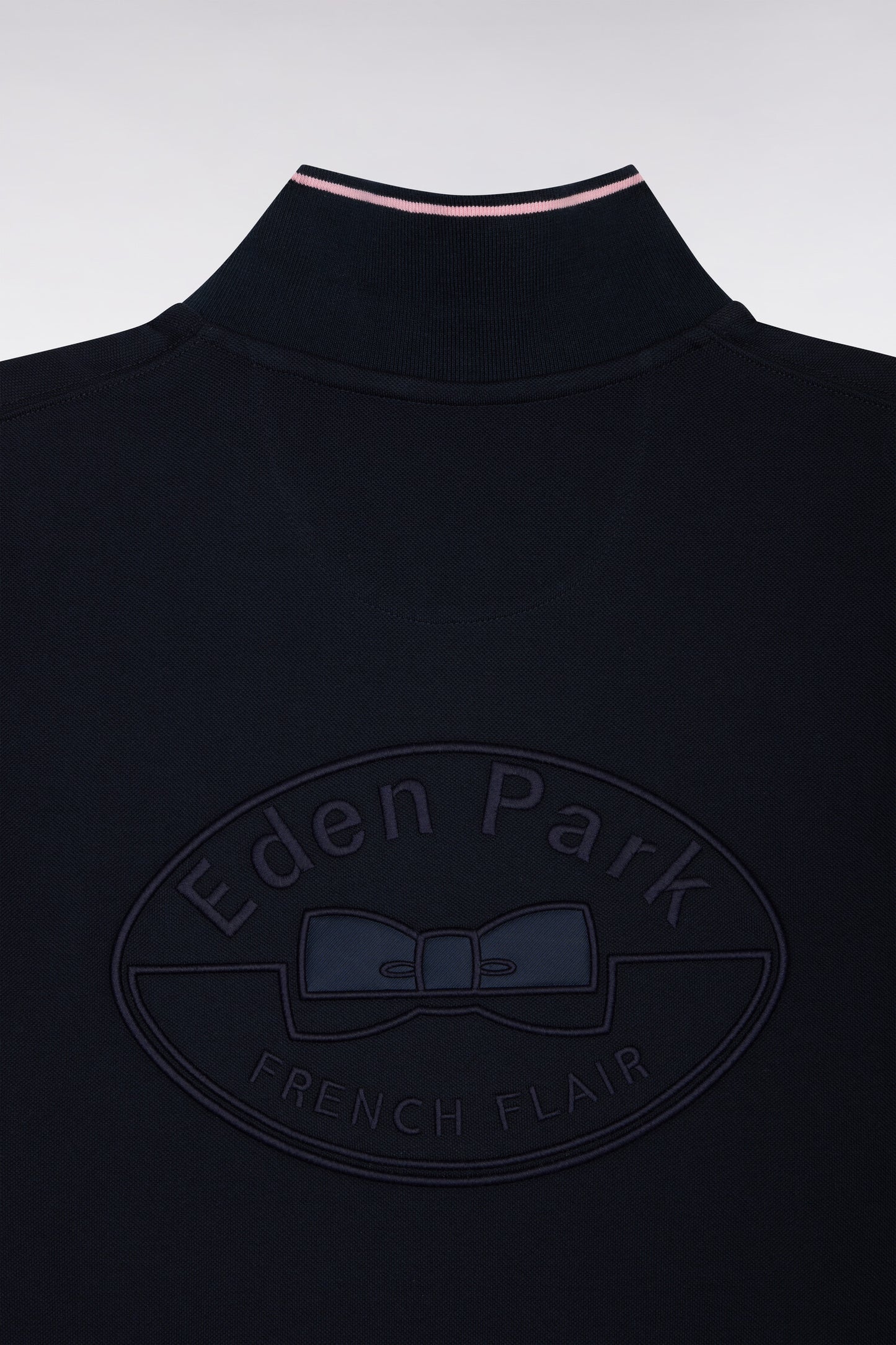 Short-sleeved polo shirt in navy and beige cotton
