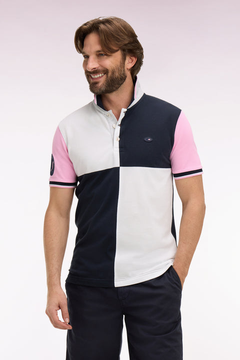 Polo à manches courtes XV de France en coton rose à découpes cadran - Image 3