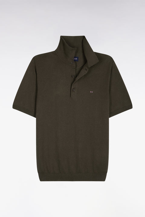 Pull manches courtes col polo en coton et soie mélangés kaki - Image 2