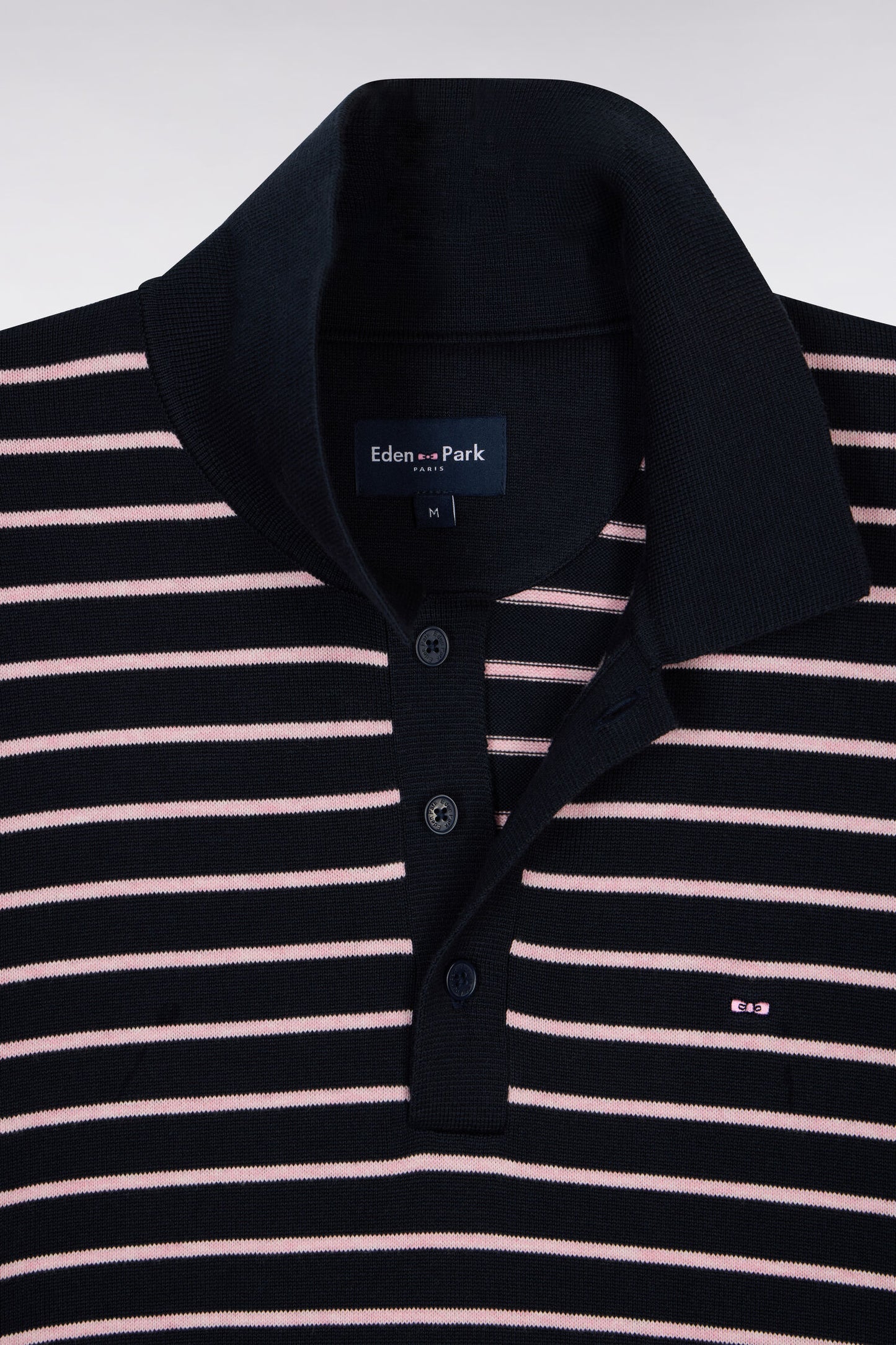 Pull manches courtes à col polo en coton marine rayé