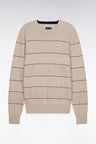 Pull col rond en coton beige rayé