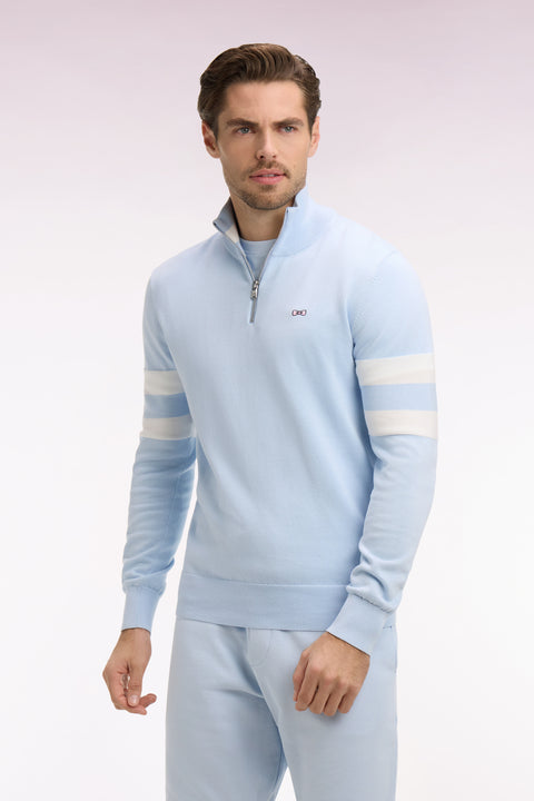 Sky blue cotton sweater with double striped sleeves - Image 3
