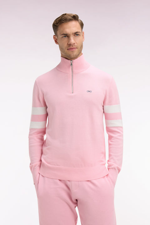 Pink cotton sweater with jersey collar and double striped sleeves - Image 3