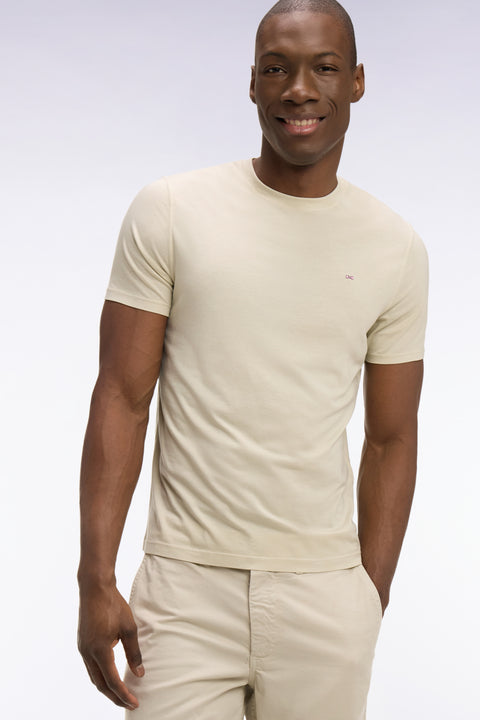 Short-sleeved beige lyocell and cotton T-shirt, regular fit - Image 1