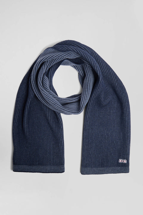 Navy blue striped wool and cotton scarf - Image 1