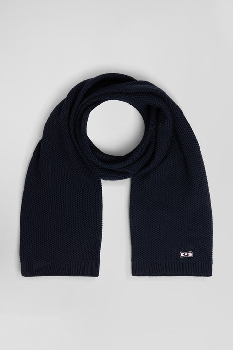 Plain navy blue cotton scarf with embroidered bow tie - Image 2