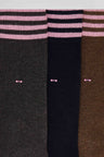 Set of 3 pairs of brown stretch cotton socks with striped details