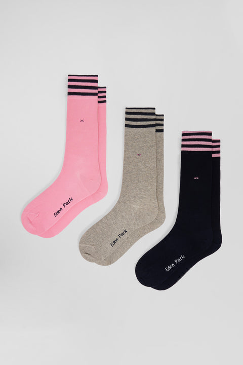 Set of 3 pairs of pink stretch cotton socks with striped details - Image 1