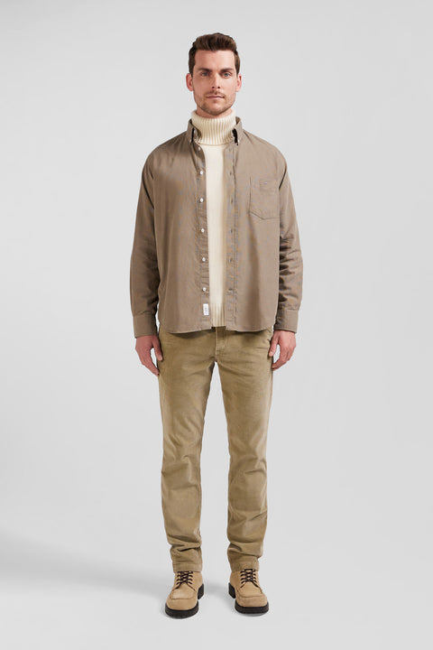 Plain beige corduroy shirt with button-down collar and chest pocket Regular fit - Image 1