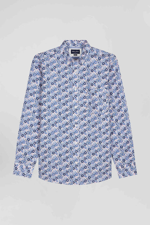 Regular blue cotton poplin shirt with floral print - Image 2