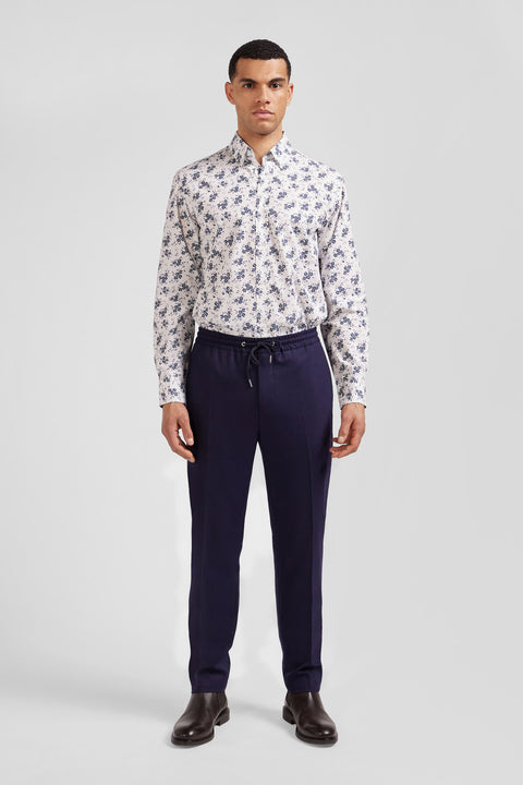 Regular ecru cotton poplin shirt with navy floral print - Image 1