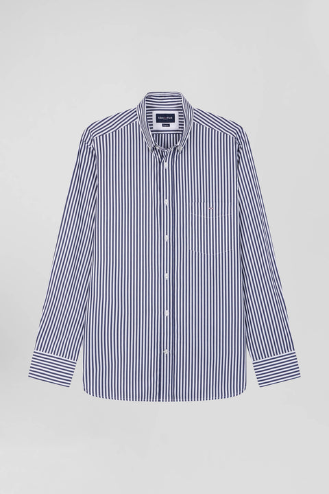 Regular navy blue striped cotton poplin shirt - Image 2