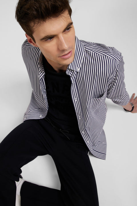 Regular navy blue striped cotton poplin shirt - Image 3