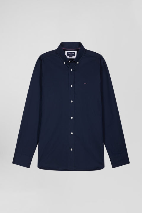 Regular navy blue oxford cotton shirt with back embroidery - Image 2