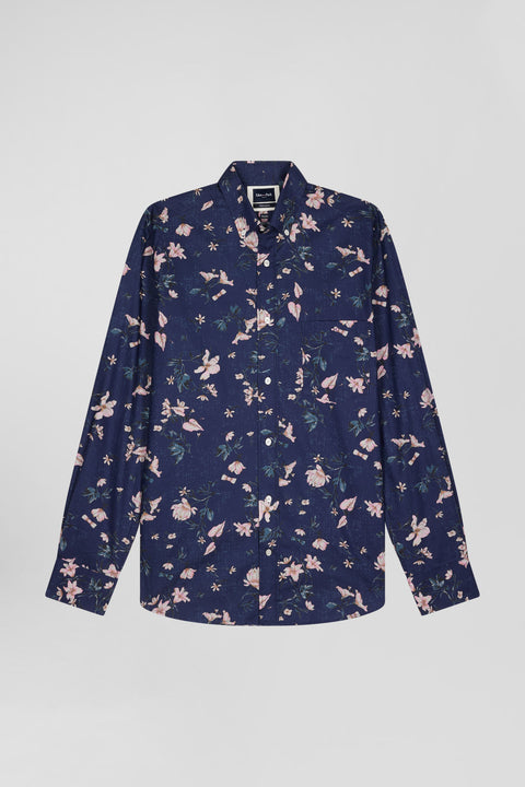 Regular navy Pima cotton poplin shirt with floral print - Image 2