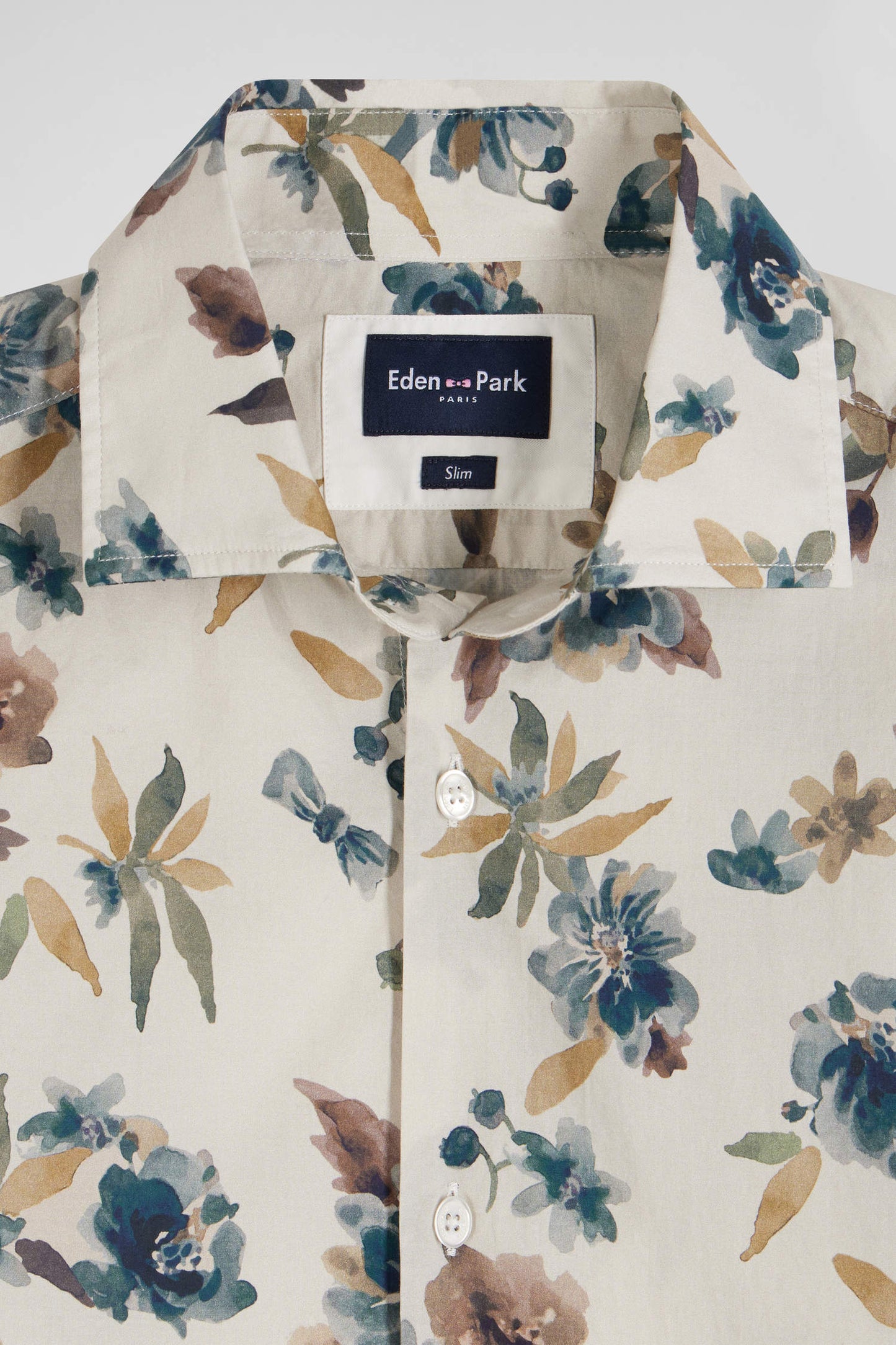 Slim beige floral print cotton shirt