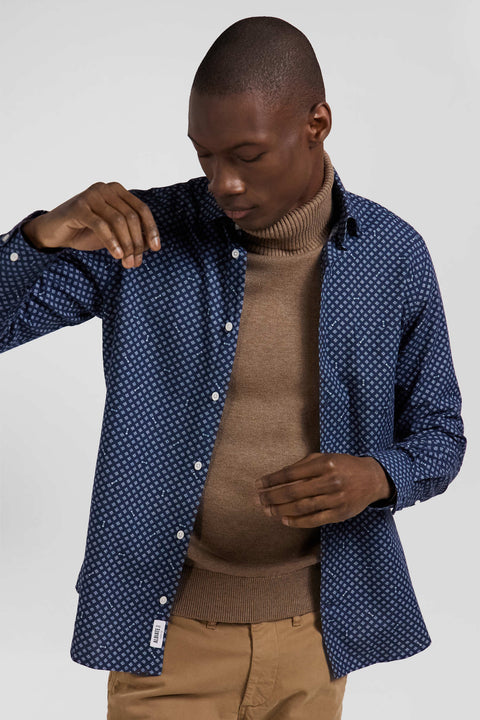 Slim fit shirt in indigo cotton poplin with graphic print - Image 3