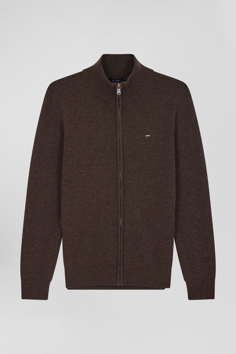 Regular brown plain wool and cotton zipped cardigan - Image 2