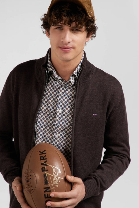 Regular brown plain wool and cotton zipped cardigan - Image 3
