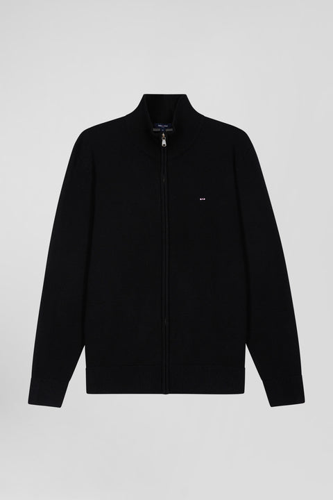 Regular black plain wool and cotton zipped cardigan - Image 2
