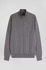 Regular grey cotton and cashmere zipped cardigan with vertical stripes