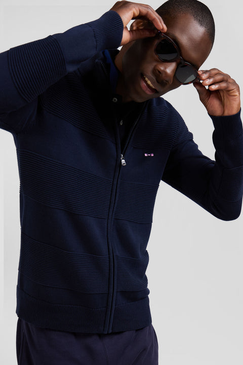 Regular navy blue plain cotton zipped cardigan with knit patterns - Image 3