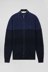 Regular navy blue and blue cotton high collar zipped cardigan