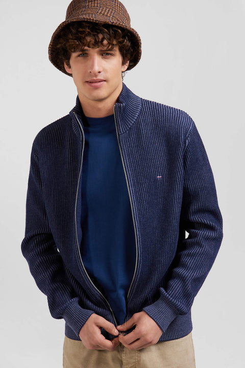 Regular navy blue wool and cotton zipped cardigan - Image 3