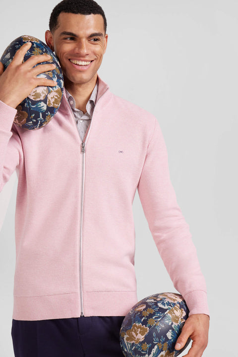 Regular plain pink cotton high collar zipped cardigan - Image 3