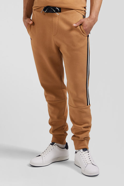 Regular camel mixed cotton jogging bottoms with striped trim - Image 3