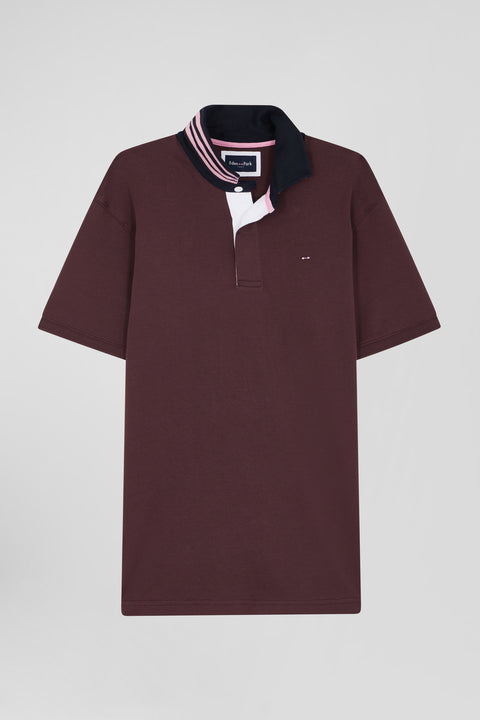 Regular burgundy cotton rugby shirt with striped undercollar - Image 1