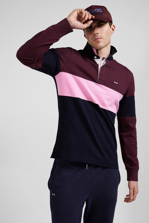 Regular grey long-sleeved colourblock cotton rugby shirt with back embroidery - Image 3