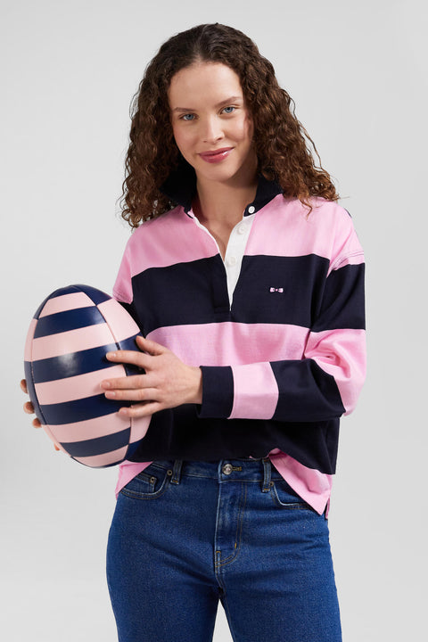 Relaxed navy and pink striped long-sleeved cotton rugby shirt - Image 3