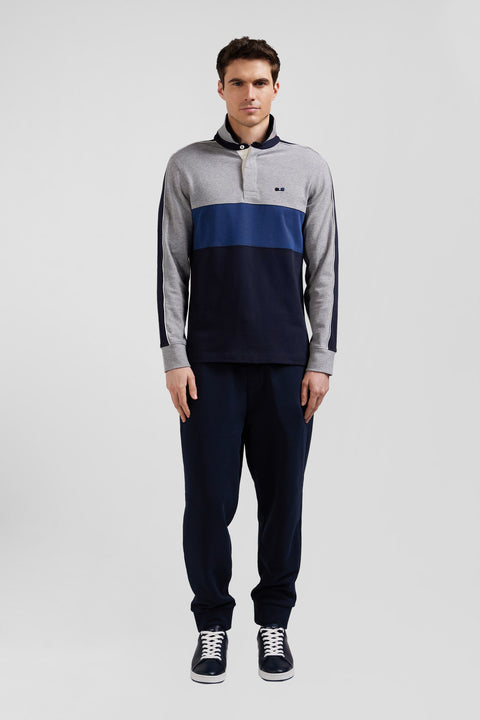 Regular blue and grey colorblock long-sleeved cotton rugby shirt - Image 1