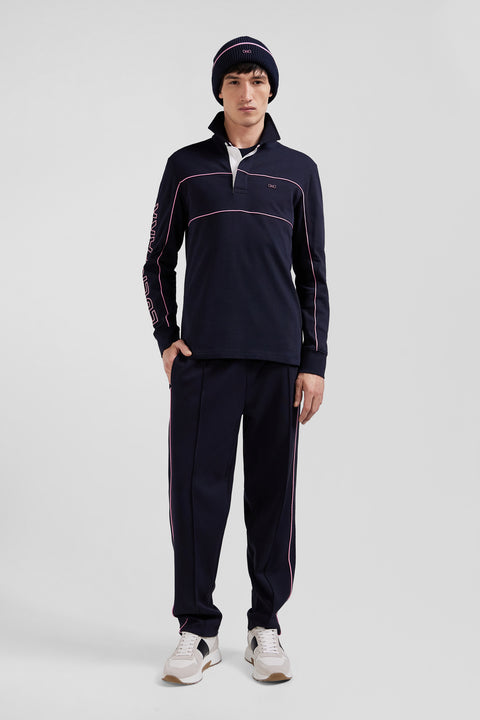 Regular navy long-sleeved cotton rugby shirt with pink piping and Eden Park embroidery - Image 1