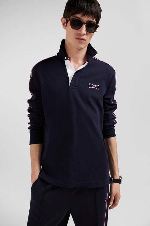Regular navy blue long-sleeved cotton rugby shirt with pink piping - Image 3