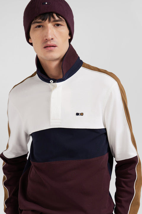 Regular burgundy long-sleeved cotton rugby shirt with back embroidery and piping - Image 3