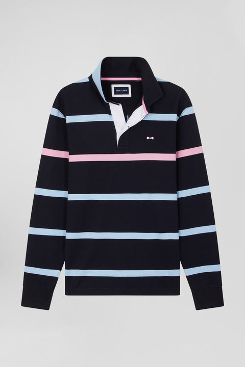 Regular navy and sky blue striped long-sleeved cotton rugby shirt with back embroidery - Image 2