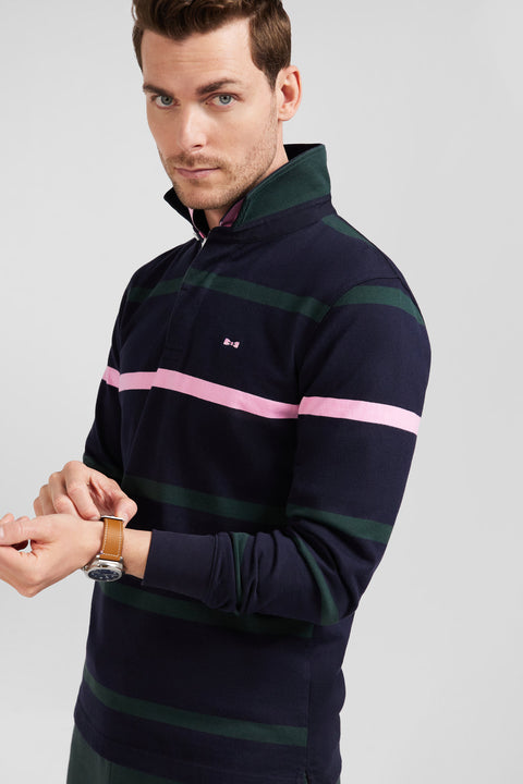 Regular green striped long-sleeved cotton rugby shirt with back embroidery - Image 3