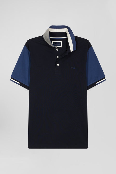 Regular navy blue short-sleeved cotton piqué polo shirt with Eden Park jacquard collar - Image 2