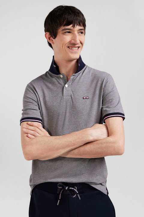 Slim grey short-sleeved stretch cotton polo shirt with Eden Park jacquard collar - Image 3