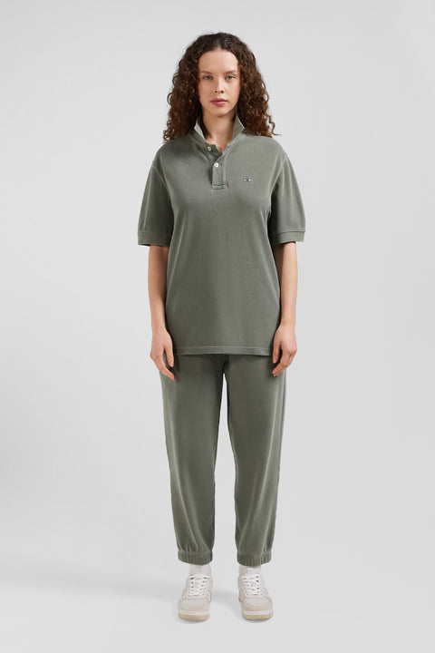 Oversized khaki unisex short-sleeved cotton piqué polo shirt - Image 2