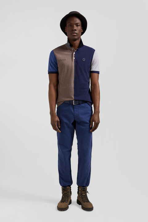 Regular navy blue colorblock short-sleeved cotton piqué polo shirt - Image 1