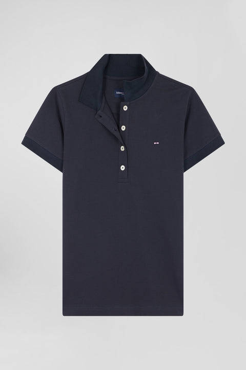Slim navy blue plain stretch cotton short-sleeved polo shirt - Image 2