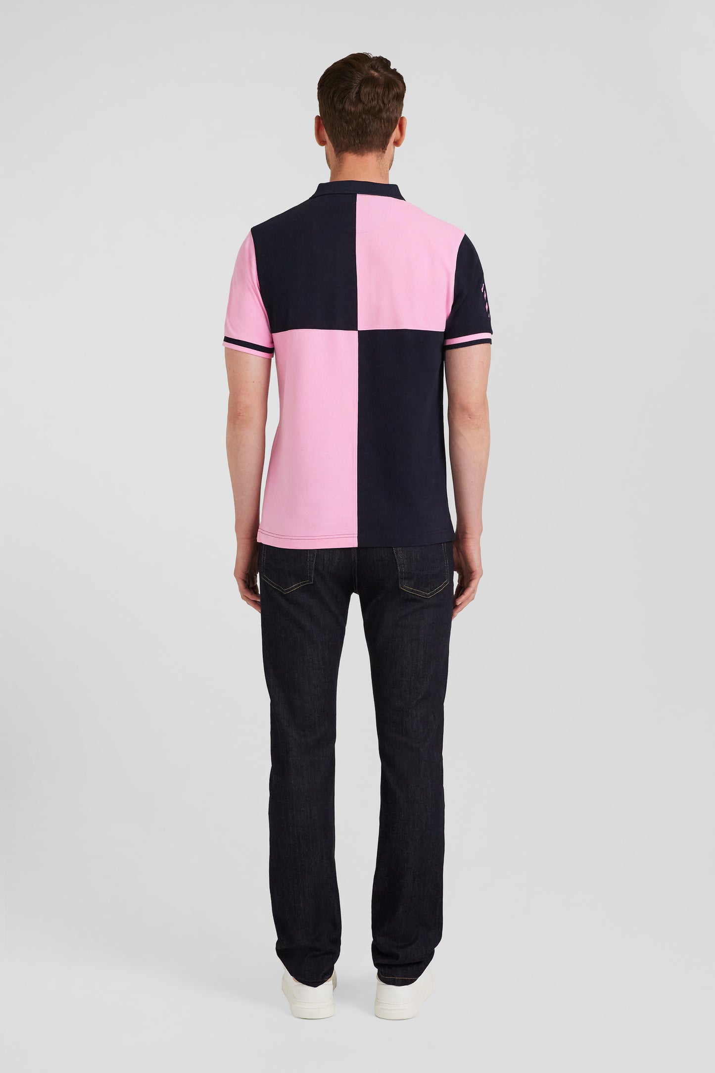 Short-sleeved polo shirt, cut and sewn in navy blue cotton piqué, regular fit