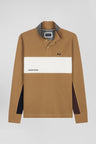 Long-sleeved colorblock polo shirt in hazelnut cotton piqué, regular fit