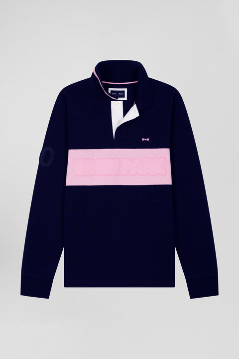 Regular navy blue long-sleeved cotton piqué polo shirt with padded embroidery - Image 2