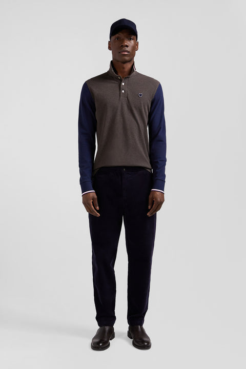 Regular brown long-sleeved cotton piqué polo shirt with jacquard collar and rubber badge - Image 1