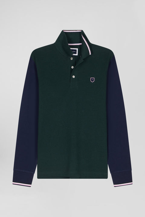 Regular green long-sleeved cotton piqué polo shirt with jacquard collar and rubber badge - Image 2