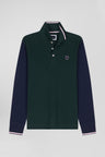 Regular green long-sleeved cotton piqué polo shirt with jacquard collar and rubber badge